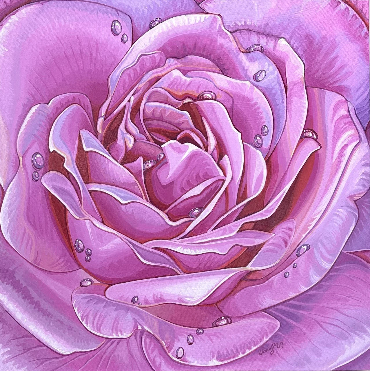 Exciting and Pink - Floral Painting by Vanya Ryan - Dewdrop Rose